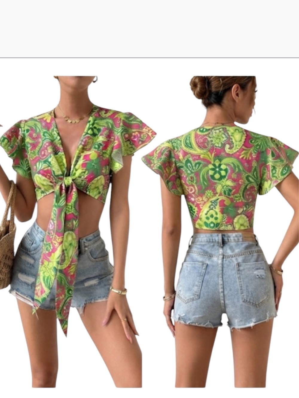 SHEIN VCAY Paisley Print Butterfly Sleeve Knot Front Crop Top size M new